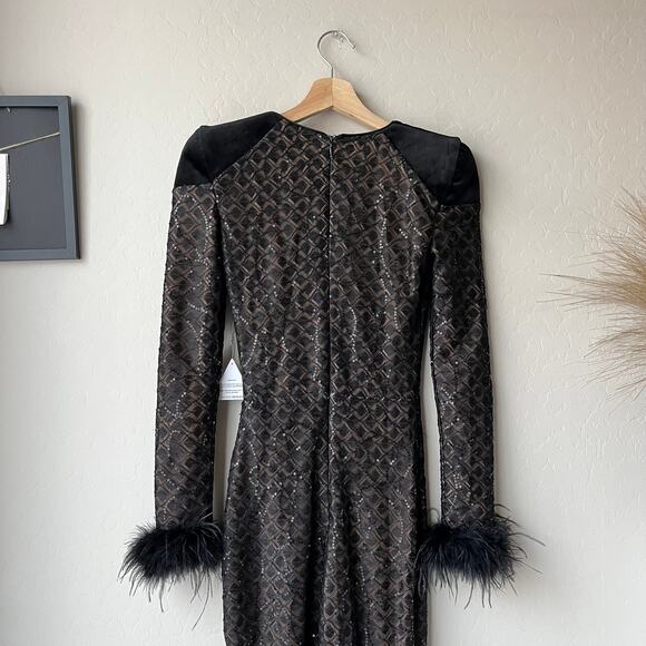 Nadine Merabi Rachel Black Lace Feather Trim Plunge V-Neck Jumpsuit 0 NWT‎ - Picture 7 of 9